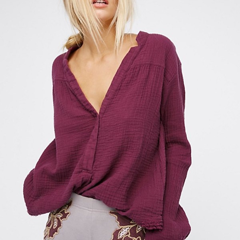 Free People Changing Horizons Gauze Crinkle Waffle Knit Pullover in Plum Purple